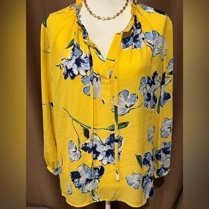 Counterparts Yellow Floral Tie-Neck Women's Blouse New With Tags